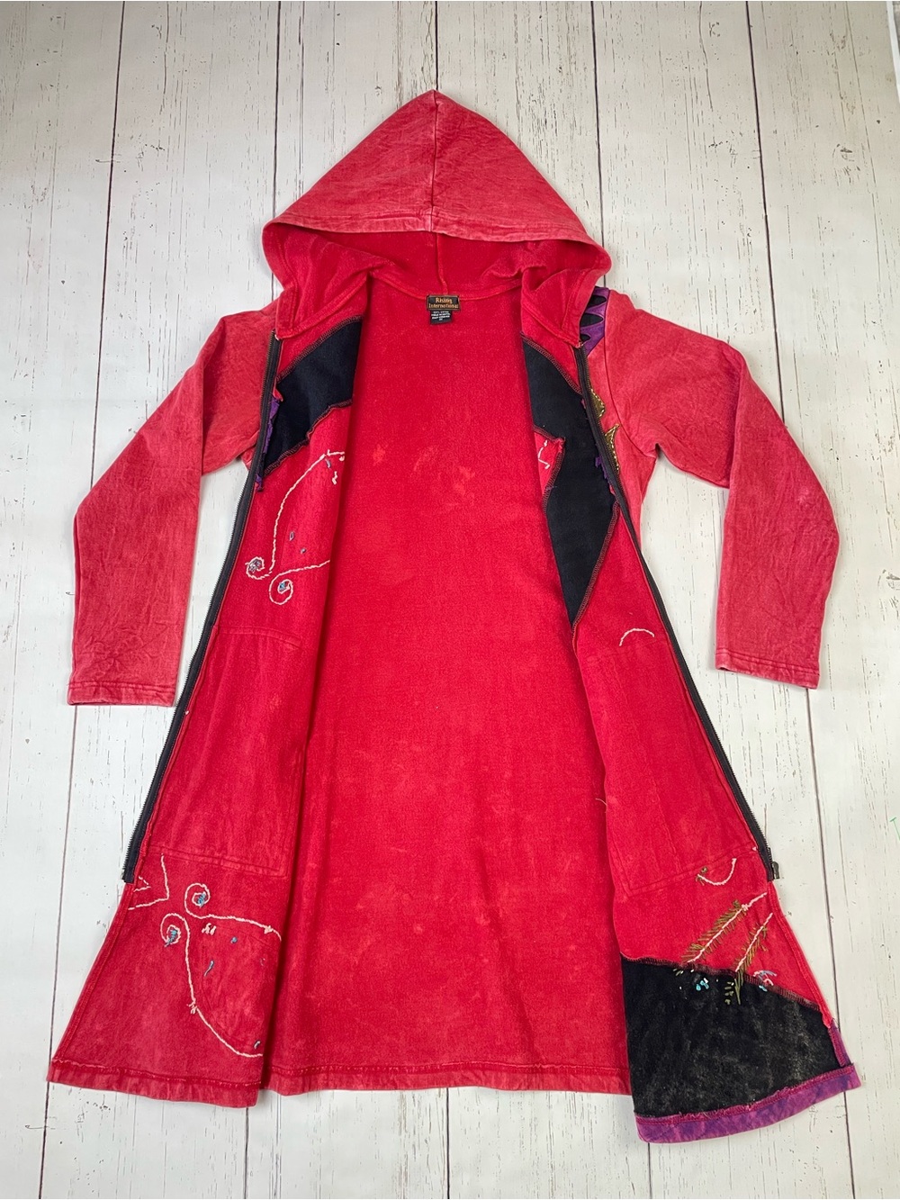 Rising International Patchwork Embroidered Long Zip Up Hoodie *Made in Nepal - Picture 13 of 16